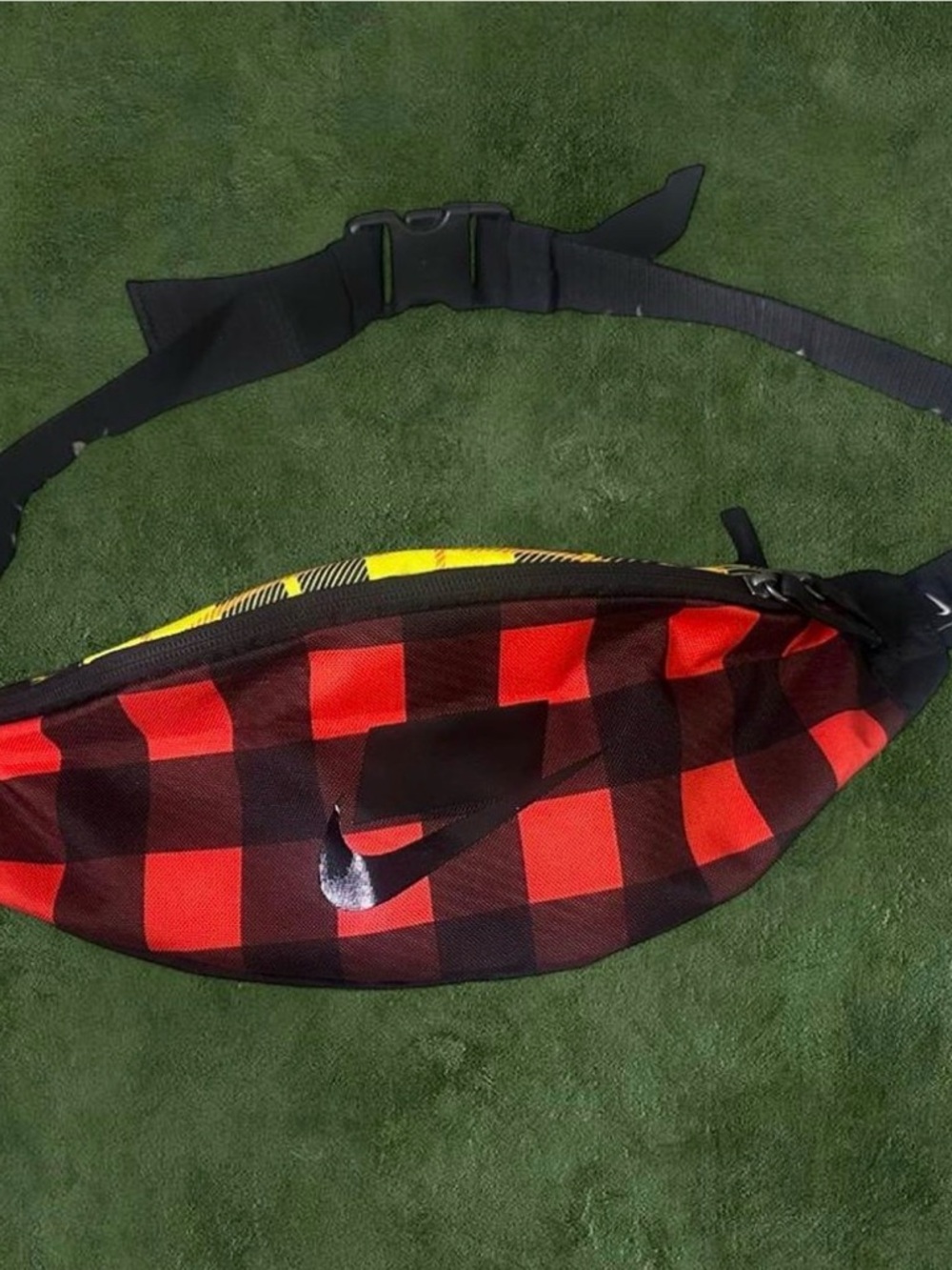 Nike Red and Black Checkered Crossbody Waist Pack with Yellow Accent